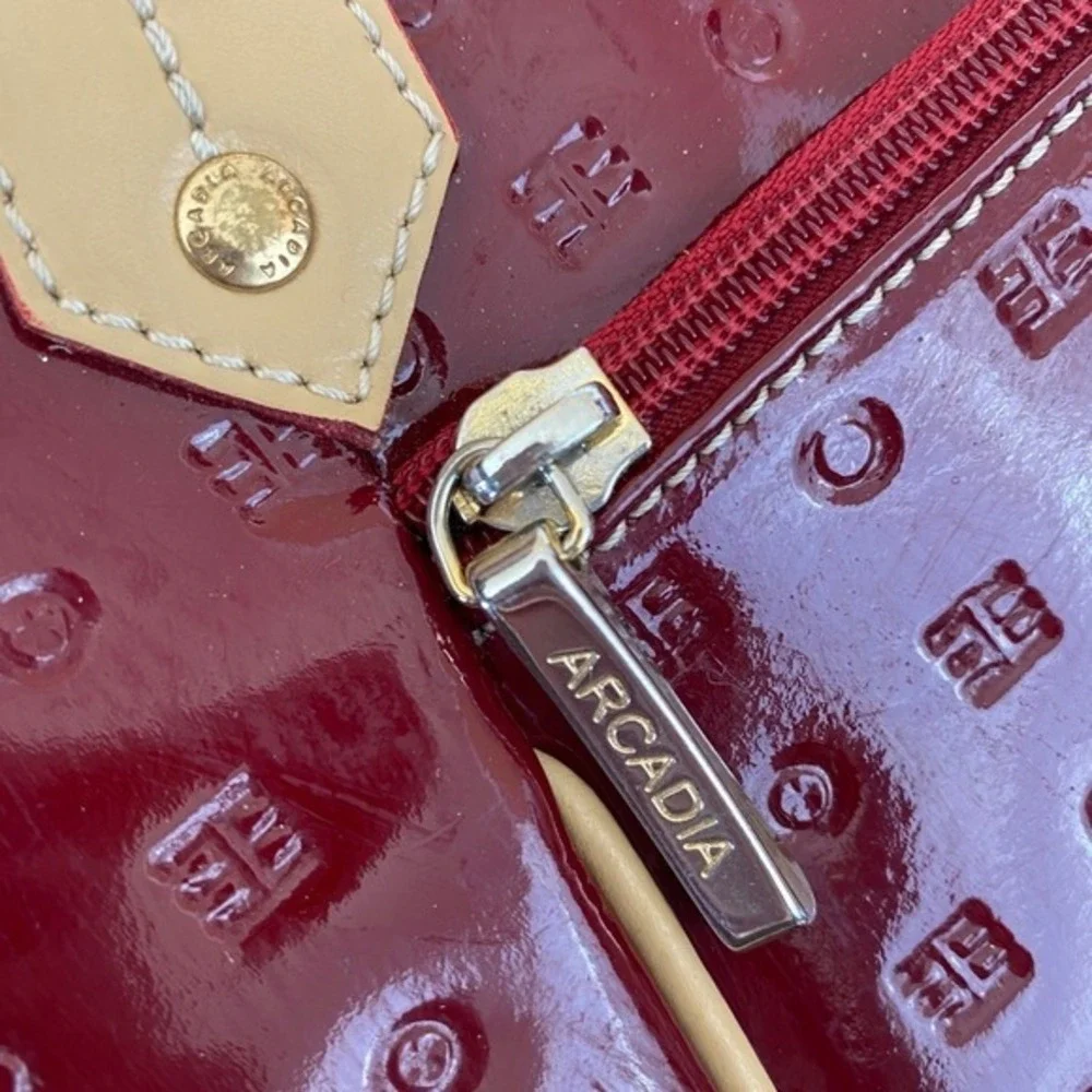 Arcadia Embossed Patent Leather Tote Shoulder Bag LARGE‎ Dark Red Made In Italy